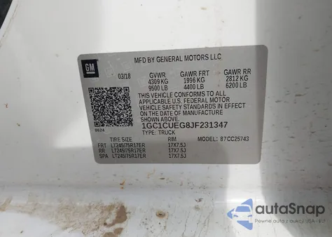 2018 Chevrolet Silverado 2500Hd Wt z USA, uszkodzony, nr VIN 1GC1CUEG8JF231347